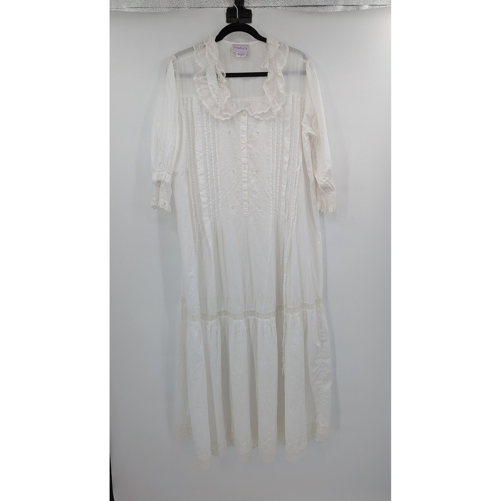 Boho Cottagecore Victorian 70s Saybury White Cotton Embroidery Lace Maxi M Gown - Picture 2 of 13